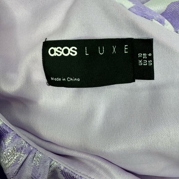 ASOS LUXE Ruffle One Shoulder Jacquard Mini Dress Purple Silver 6 Runs Small - Picture 7 of 9